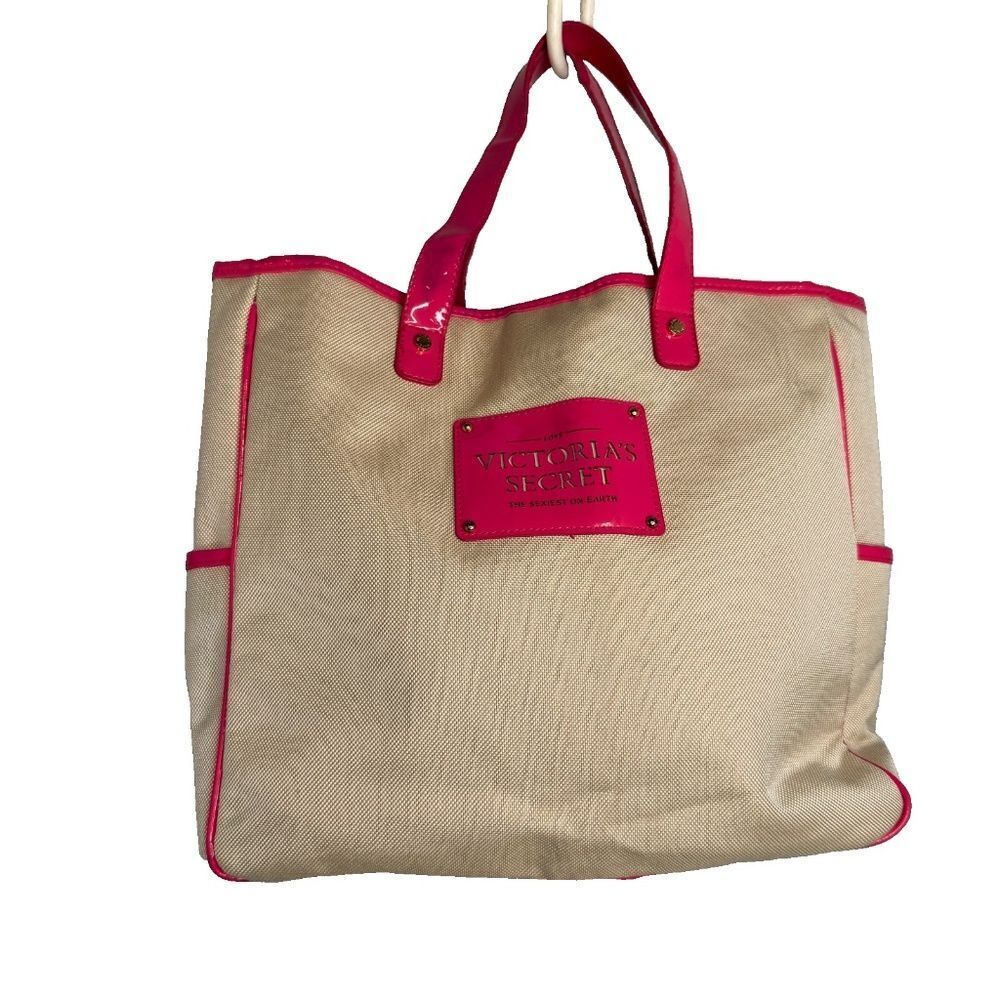 Victoria's Secret Pink Tan Tote Bag Shopper Purse 14"x12" EUC Vinyl Accents